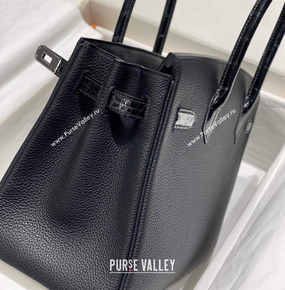 Hermes Birkin Touch Bag 30cm in Calfskin and Shiny Nile Crocodile Leather Black/Silver 2024 (Full Handmade) (FLB-241104071)