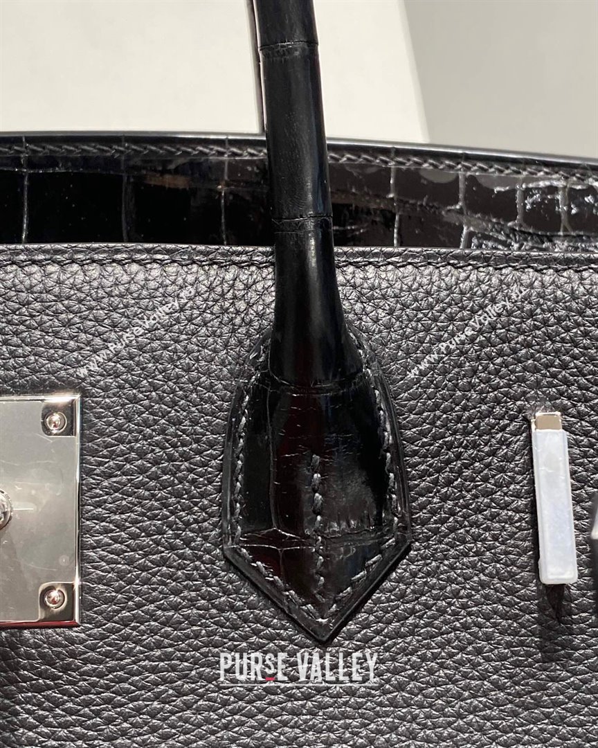 Hermes Birkin Touch Bag 30cm in Calfskin and Shiny Nile Crocodile Leather Black/Silver 2024 (Full Handmade) (FLB-241104071)