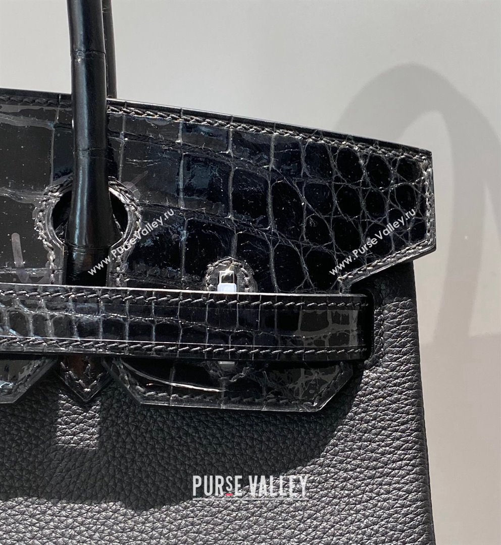 Hermes Birkin Touch Bag 30cm in Calfskin and Shiny Nile Crocodile Leather Black/Silver 2024 (Full Handmade) (FLB-241104071)