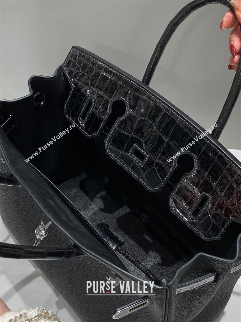 Hermes Birkin Touch Bag 30cm in Calfskin and Shiny Nile Crocodile Leather Black/Silver 2024 (Full Handmade) (FLB-241104071)