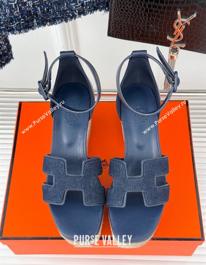 Hermes Elda Platform Wedge Sandals 8cm in Denim and Leather Blue 2024 (MD-241230091)