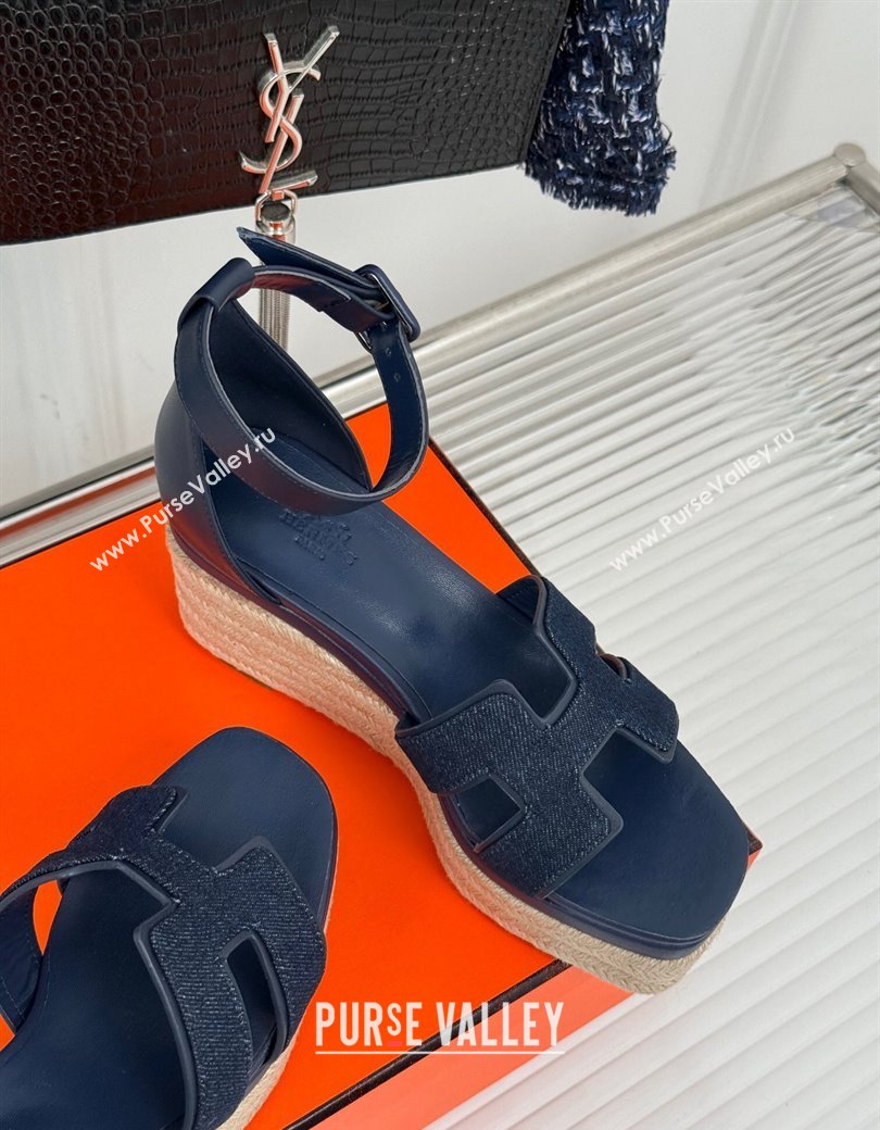 Hermes Elda Platform Wedge Sandals 8cm in Denim and Leather Blue 2024 (MD-241230091)