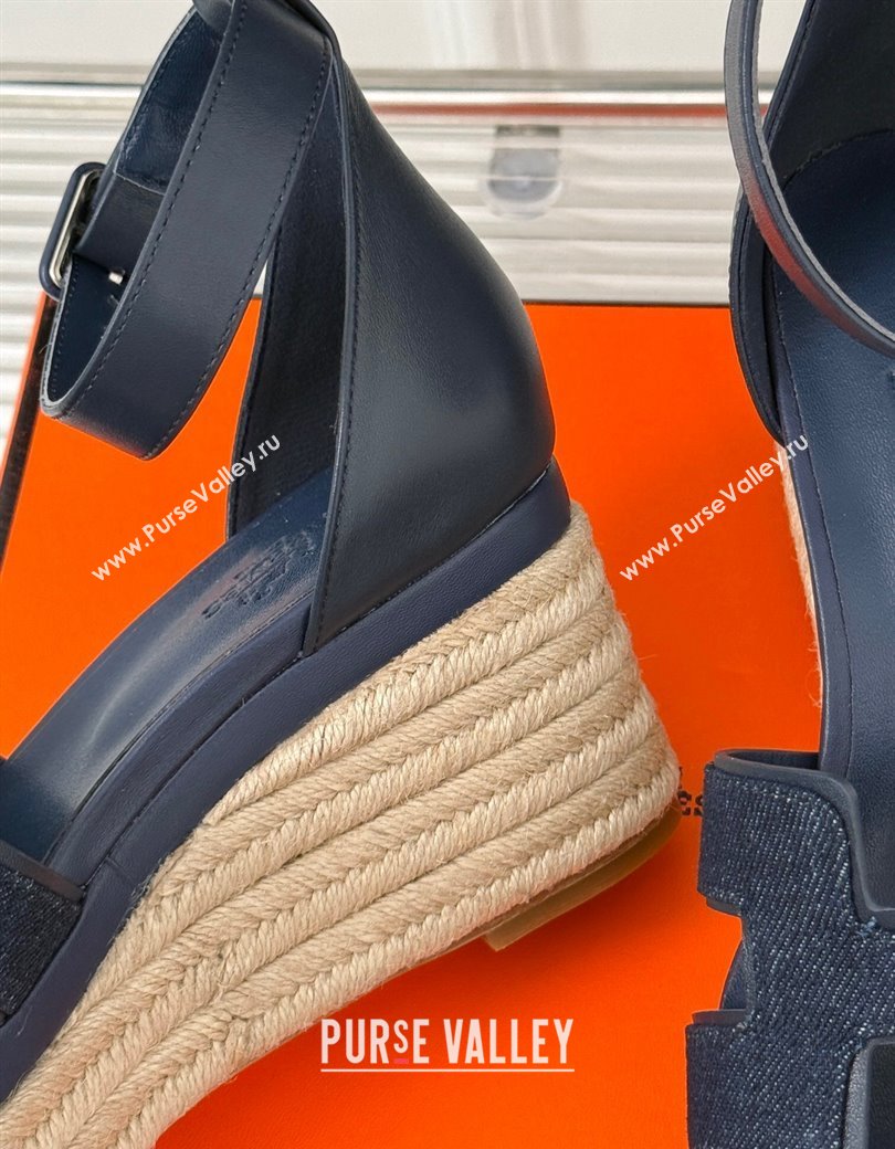 Hermes Elda Platform Wedge Sandals 8cm in Denim and Leather Blue 2024 (MD-241230091)