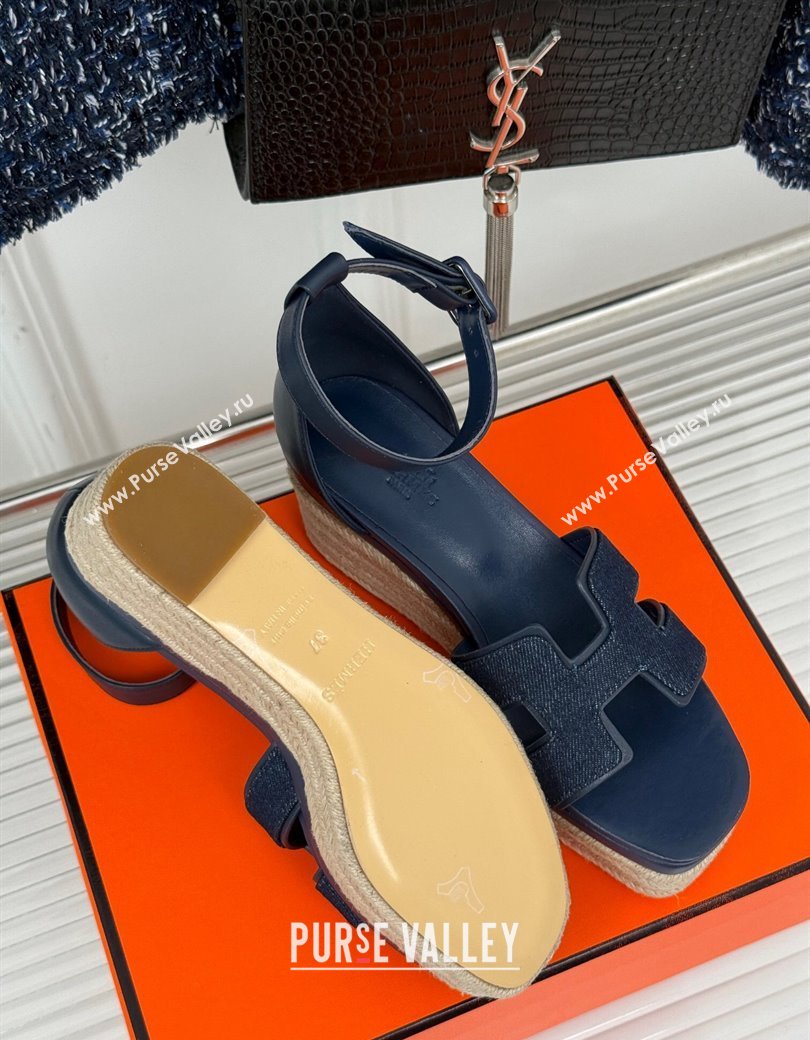 Hermes Elda Platform Wedge Sandals 8cm in Denim and Leather Blue 2024 (MD-241230091)