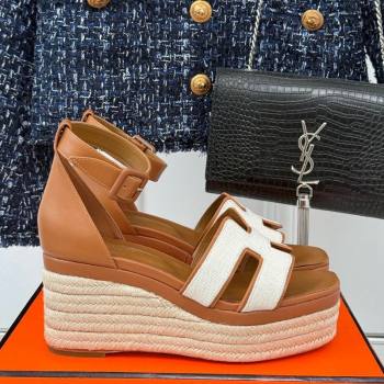 Hermes Elda Platform Wedge Sandals 8cm in Canvas and Leather Brown 2024 (MD-241230092)