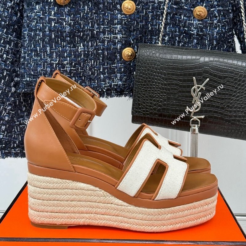 Hermes Elda Platform Wedge Sandals 8cm in Canvas and Leather Brown 2024 (MD-241230092)