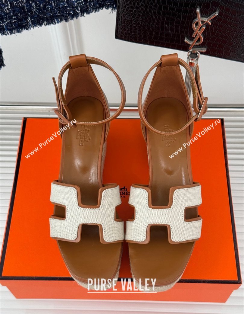 Hermes Elda Platform Wedge Sandals 8cm in Canvas and Leather Brown 2024 (MD-241230092)