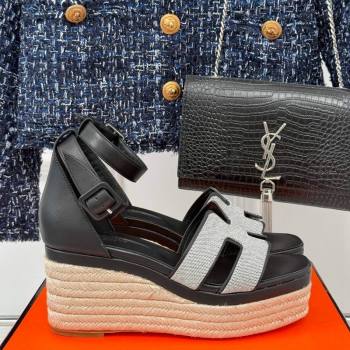 Hermes Elda Platform Wedge Sandals 8cm in Canvas and Leather Black 2024 (MD-241230093)