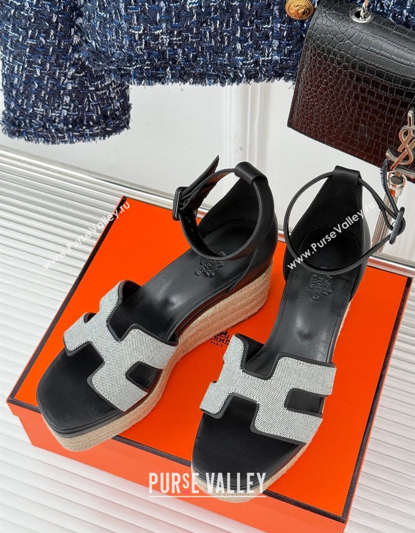 Hermes Elda Platform Wedge Sandals 8cm in Canvas and Leather Black 2024 (MD-241230093)