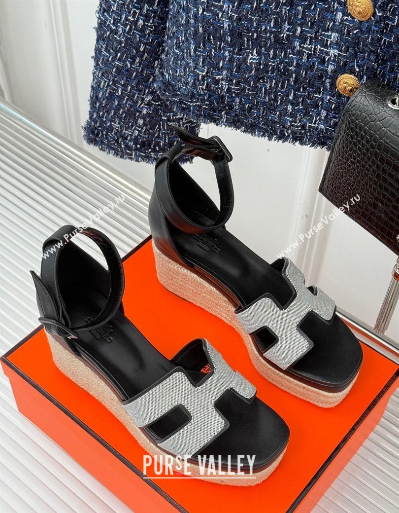 Hermes Elda Platform Wedge Sandals 8cm in Canvas and Leather Black 2024 (MD-241230093)