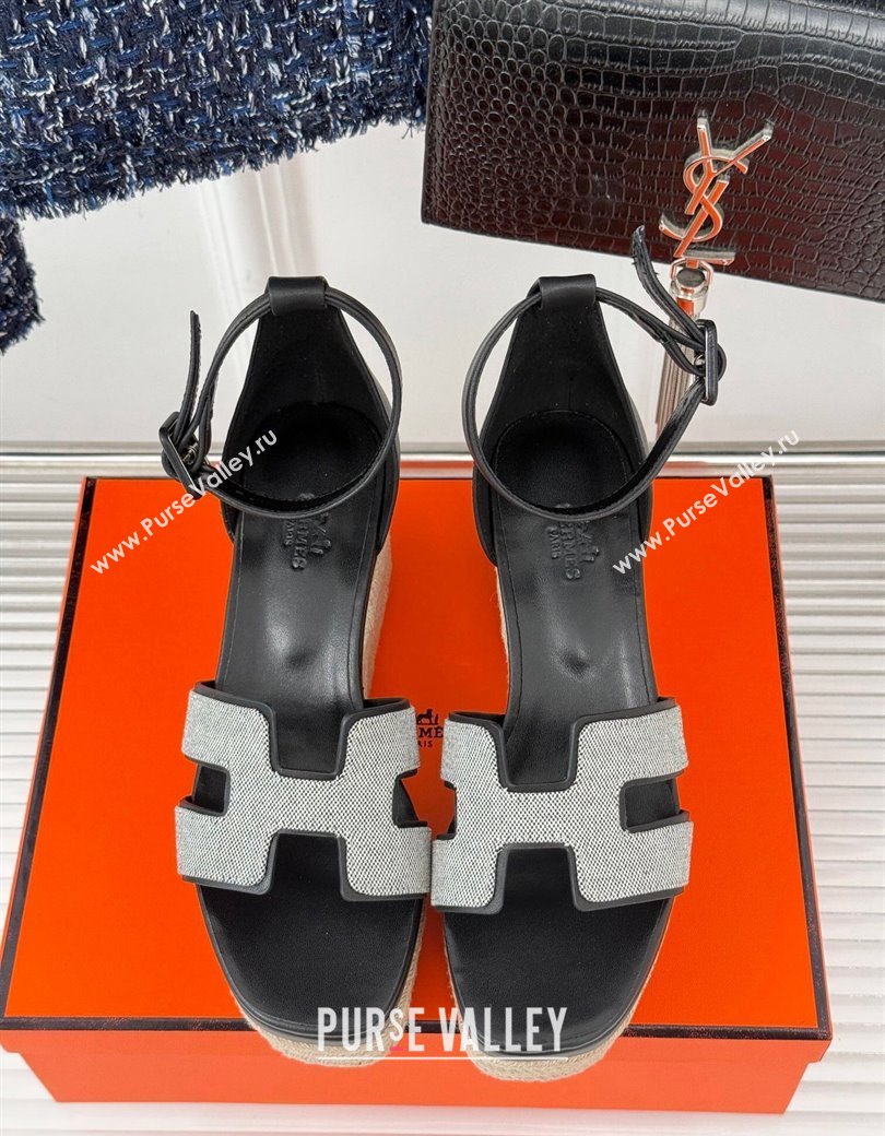 Hermes Elda Platform Wedge Sandals 8cm in Canvas and Leather Black 2024 (MD-241230093)