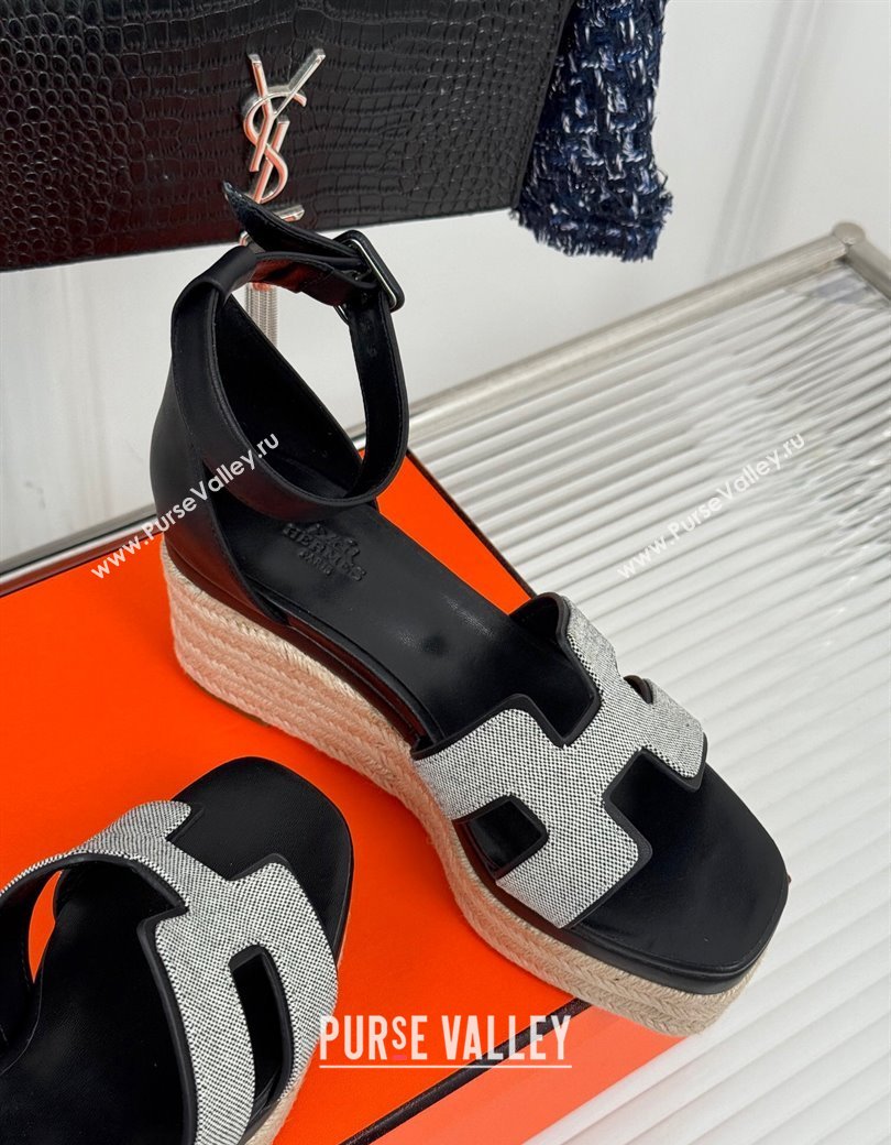 Hermes Elda Platform Wedge Sandals 8cm in Canvas and Leather Black 2024 (MD-241230093)