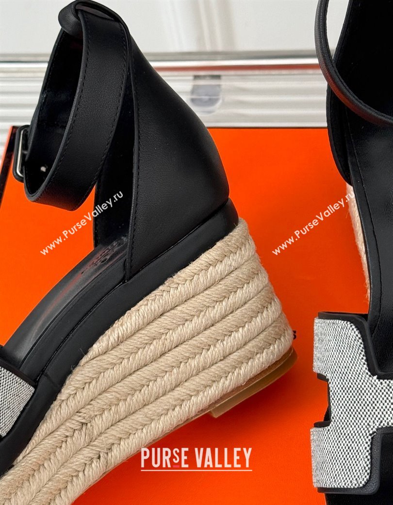 Hermes Elda Platform Wedge Sandals 8cm in Canvas and Leather Black 2024 (MD-241230093)