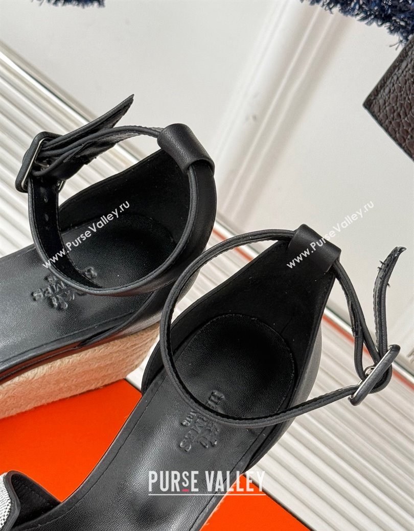 Hermes Elda Platform Wedge Sandals 8cm in Canvas and Leather Black 2024 (MD-241230093)