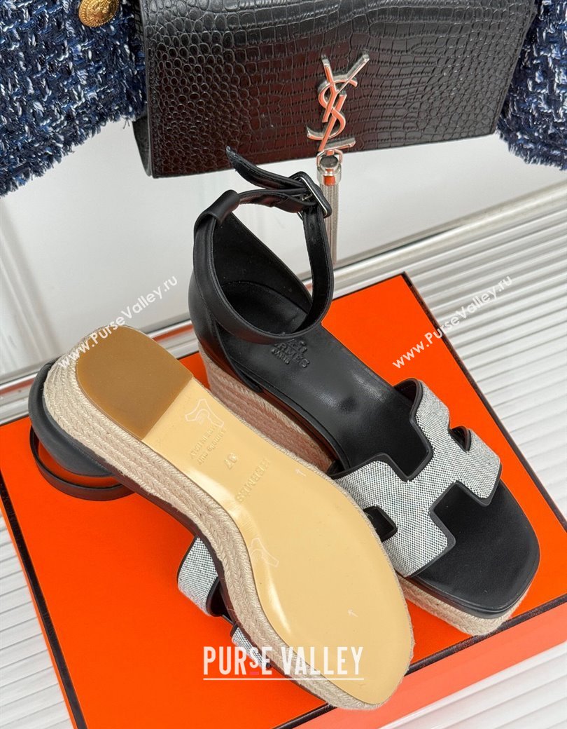 Hermes Elda Platform Wedge Sandals 8cm in Canvas and Leather Black 2024 (MD-241230093)