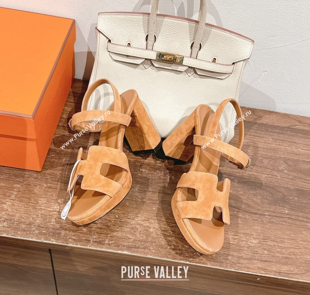 Hermes Jazz High Heel Sandals 10.5cm in Suede Light Brown 2024 (MD-241230094)