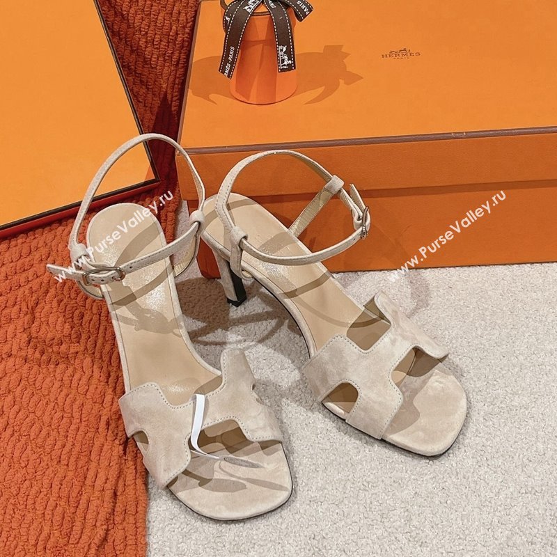 Hermes Heden Heel Sandals 8cm in Suede Beige 2024 1230 (MD-241230125)