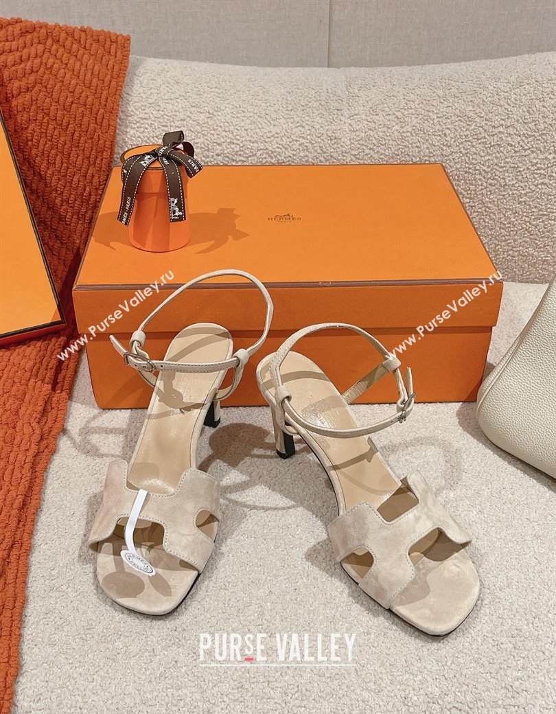 Hermes Heden Heel Sandals 8cm in Suede Beige 2024 1230 (MD-241230125)