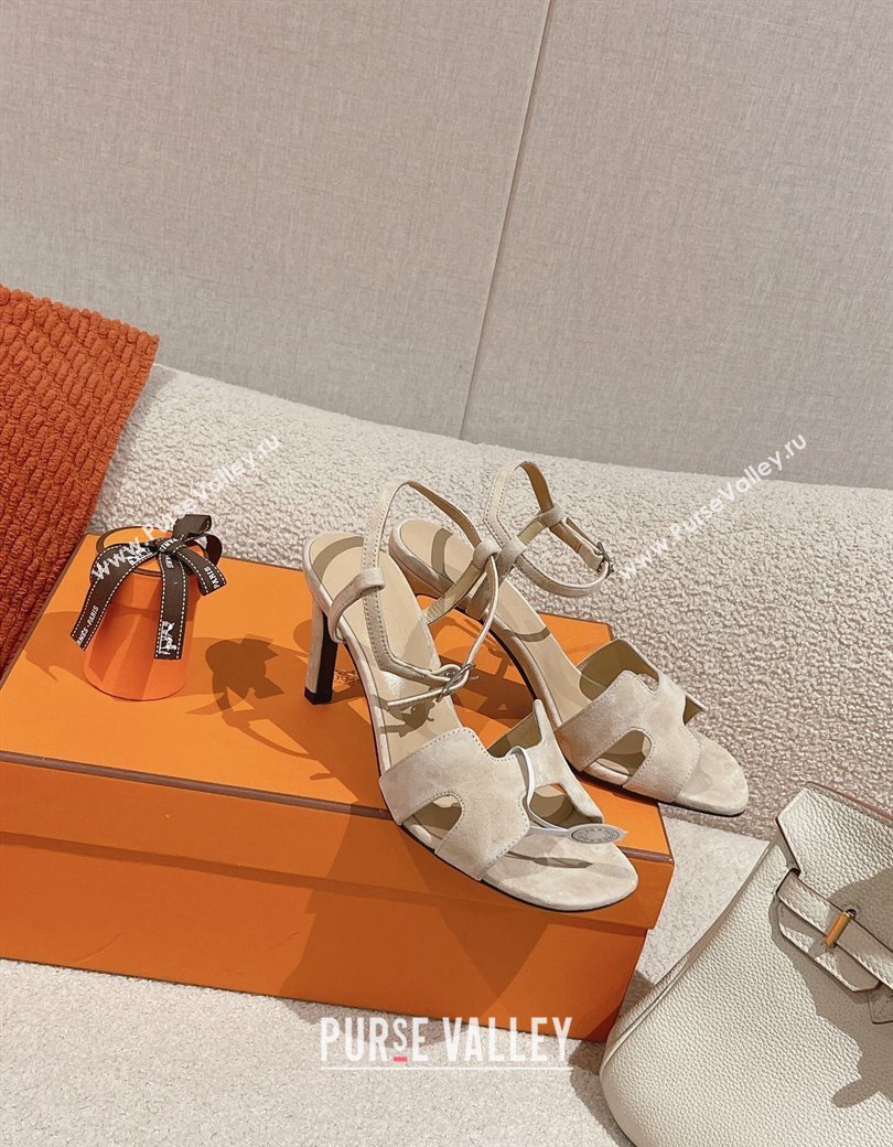 Hermes Heden Heel Sandals 8cm in Suede Beige 2024 1230 (MD-241230125)