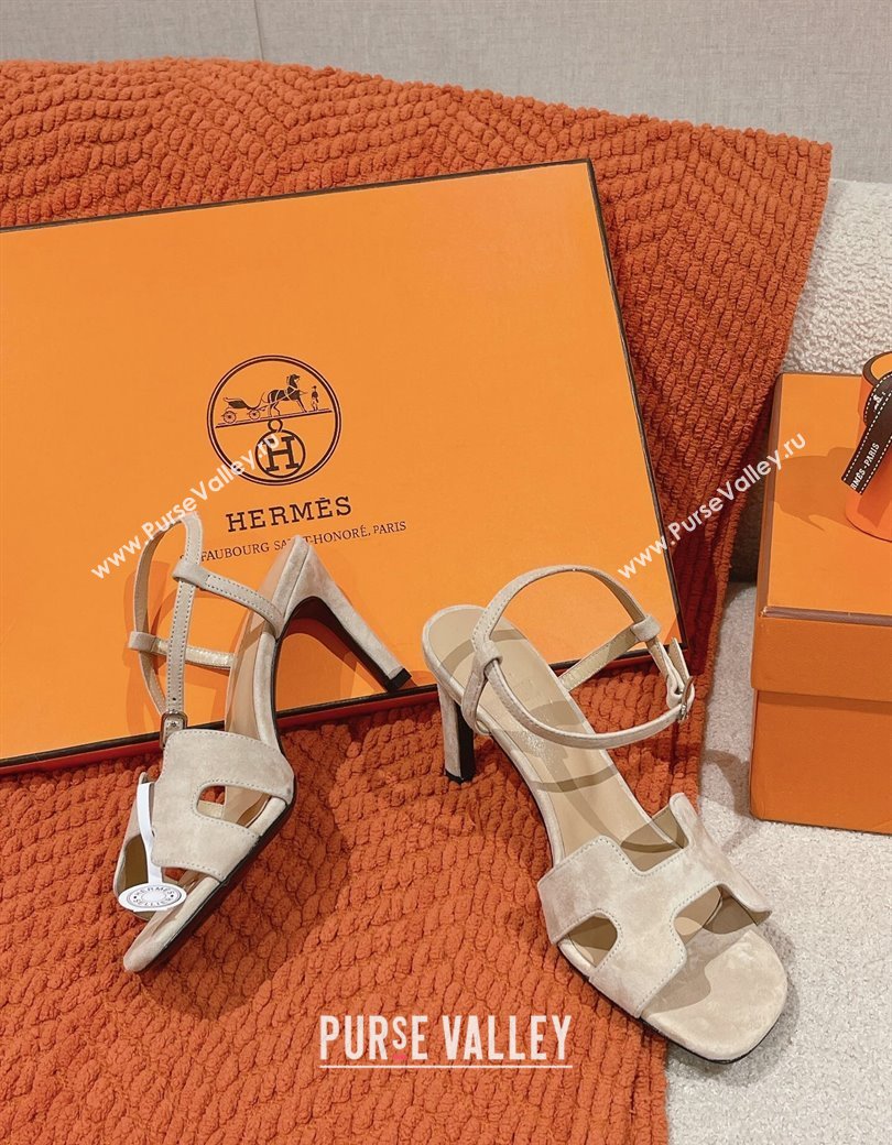 Hermes Heden Heel Sandals 8cm in Suede Beige 2024 1230 (MD-241230125)