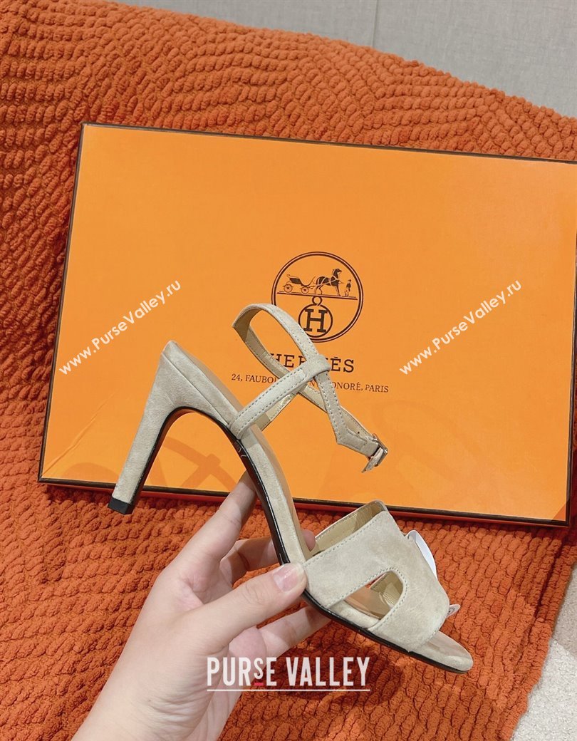 Hermes Heden Heel Sandals 8cm in Suede Beige 2024 1230 (MD-241230125)