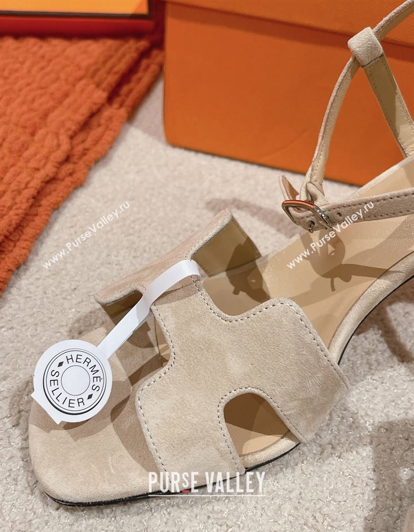 Hermes Heden Heel Sandals 8cm in Suede Beige 2024 1230 (MD-241230125)