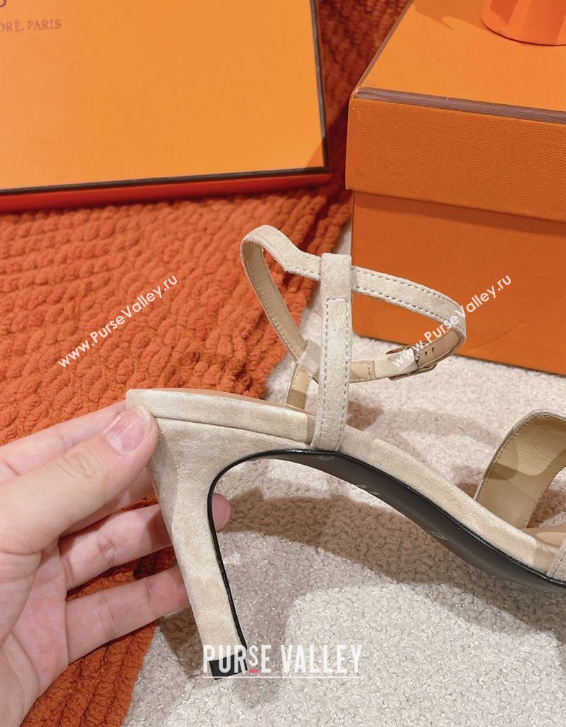 Hermes Heden Heel Sandals 8cm in Suede Beige 2024 1230 (MD-241230125)