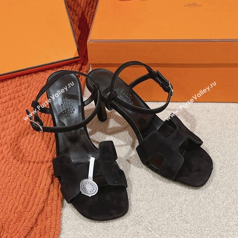 Hermes Heden Heel Sandals 8cm in Suede Black 2024 1230 (MD-241230126)