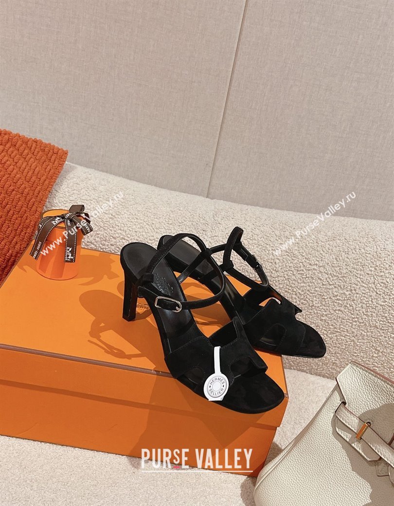 Hermes Heden Heel Sandals 8cm in Suede Black 2024 1230 (MD-241230126)