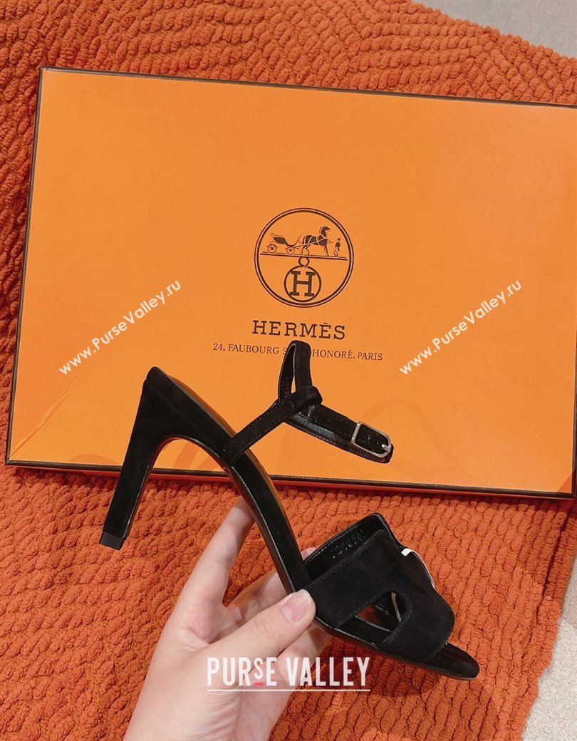 Hermes Heden Heel Sandals 8cm in Suede Black 2024 1230 (MD-241230126)