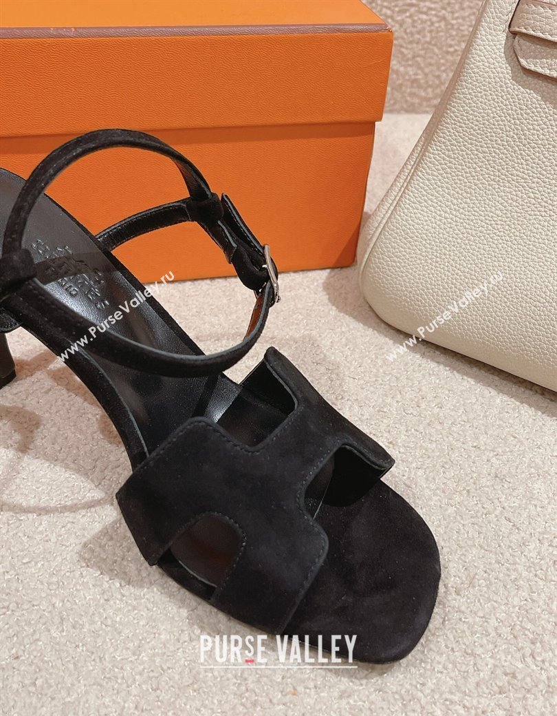 Hermes Heden Heel Sandals 8cm in Suede Black 2024 1230 (MD-241230126)