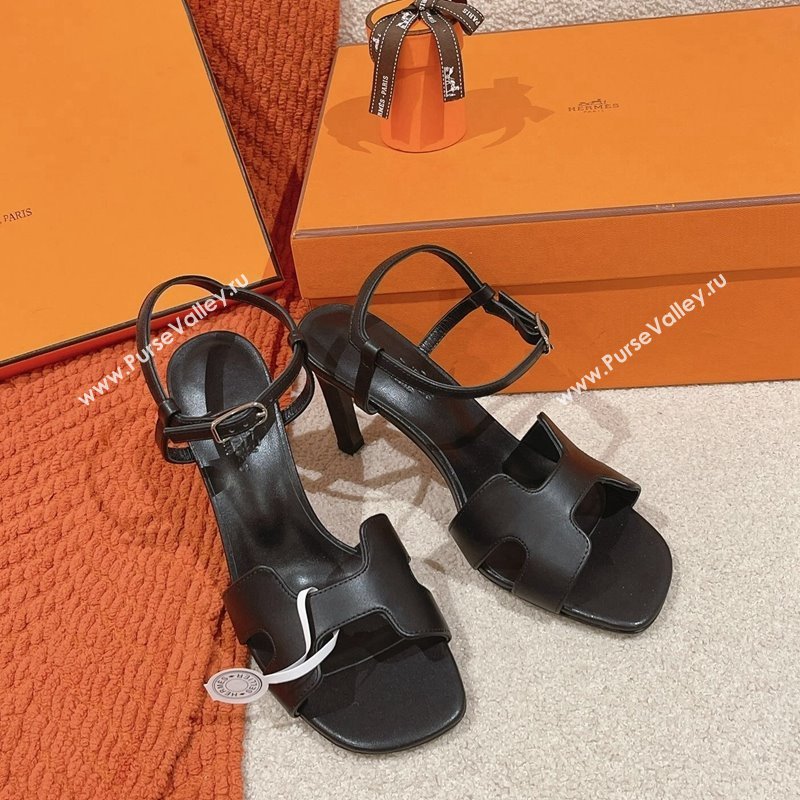 Hermes Heden Heel Sandals 8cm in Calfskin Leather Black 2024 1230 (MD-241230127)