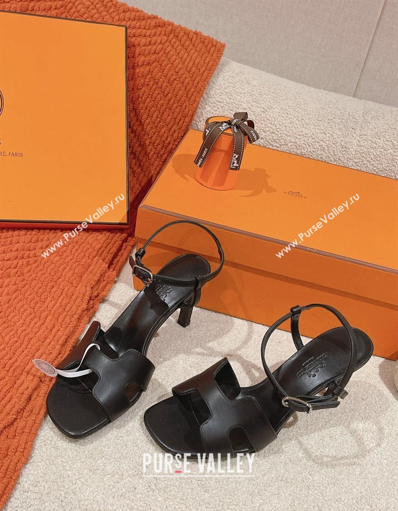 Hermes Heden Heel Sandals 8cm in Calfskin Leather Black 2024 1230 (MD-241230127)