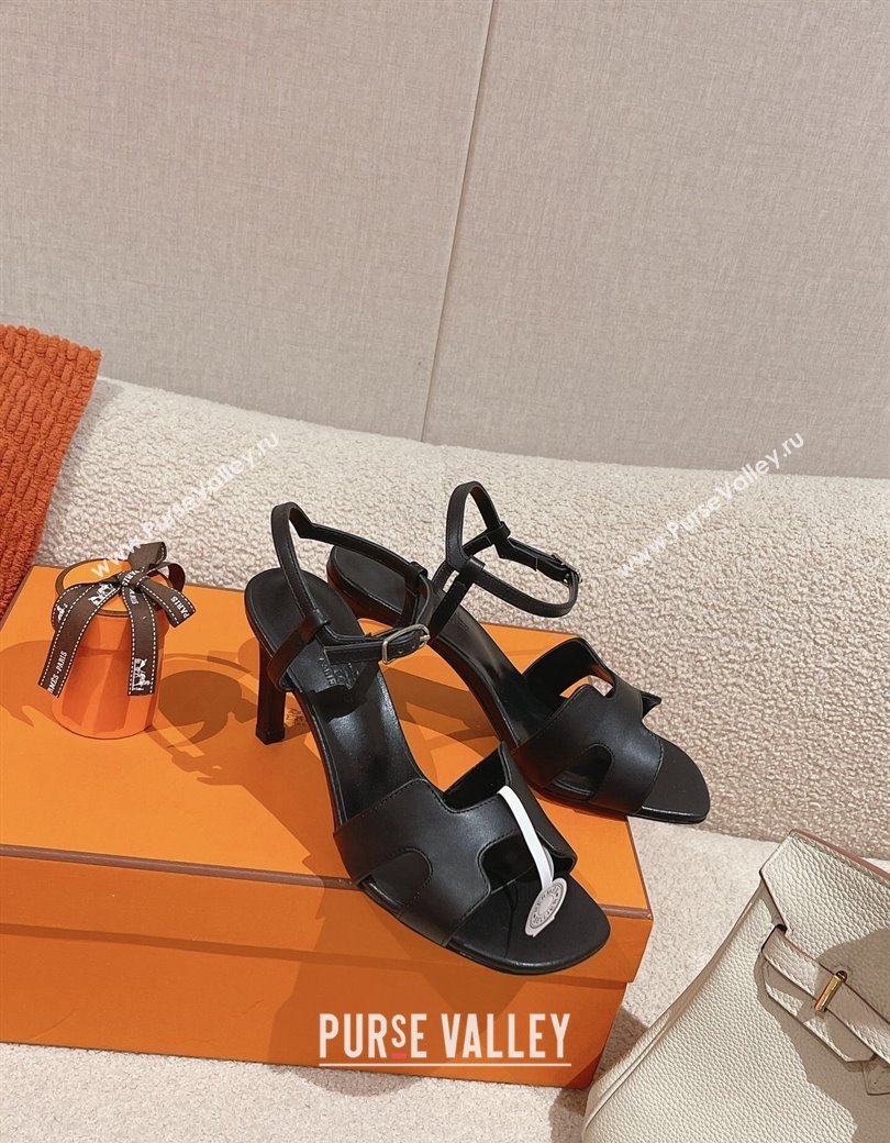 Hermes Heden Heel Sandals 8cm in Calfskin Leather Black 2024 1230 (MD-241230127)