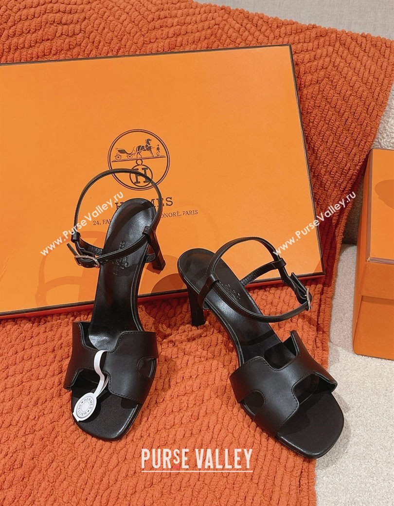 Hermes Heden Heel Sandals 8cm in Calfskin Leather Black 2024 1230 (MD-241230127)