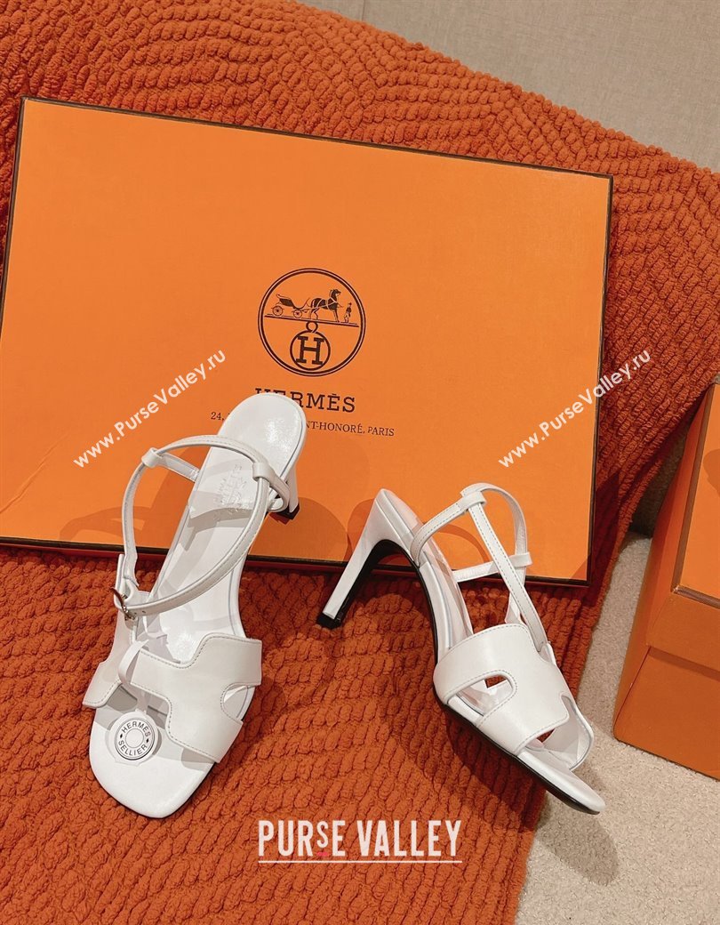 Hermes Heden Heel Sandals 8cm in Calfskin Leather White 2024 1230 (MD-241230128)