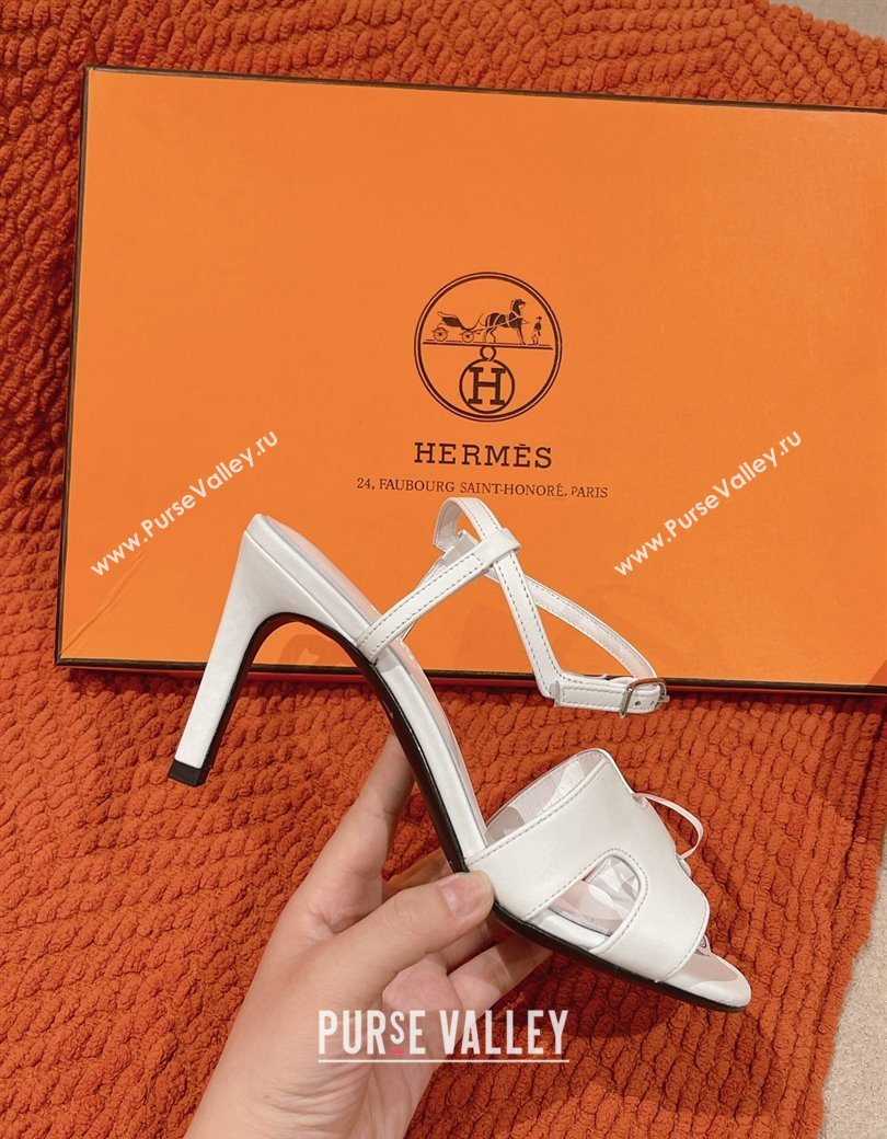 Hermes Heden Heel Sandals 8cm in Calfskin Leather White 2024 1230 (MD-241230128)