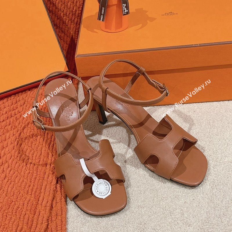 Hermes Heden Heel Sandals 8cm in Calfskin Leather Brown 2024 1230 (MD-241230129)