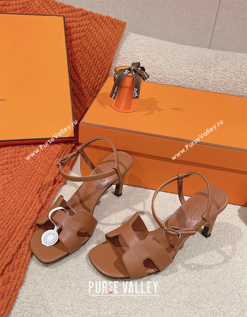 Hermes Heden Heel Sandals 8cm in Calfskin Leather Brown 2024 1230 (MD-241230129)