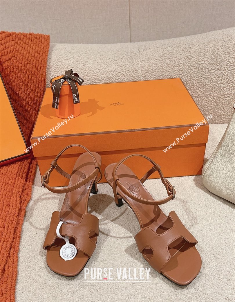 Hermes Heden Heel Sandals 8cm in Calfskin Leather Brown 2024 1230 (MD-241230129)