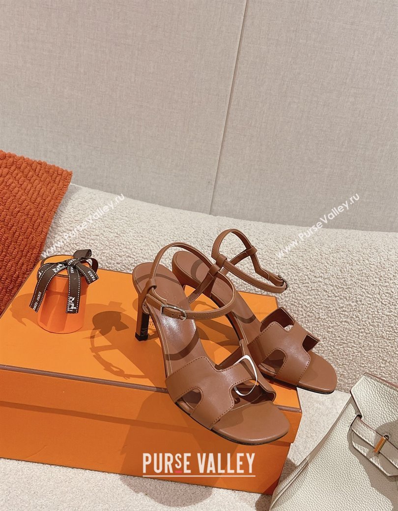 Hermes Heden Heel Sandals 8cm in Calfskin Leather Brown 2024 1230 (MD-241230129)