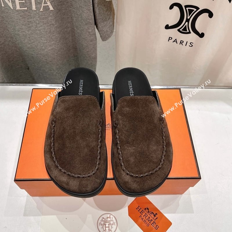 Hermes Johan Flat Mules in Suede with Braided Leather Detail Dark Brown 2024 (MD-241230130)