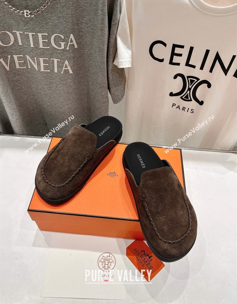 Hermes Johan Flat Mules in Suede with Braided Leather Detail Dark Brown 2024 (MD-241230130)