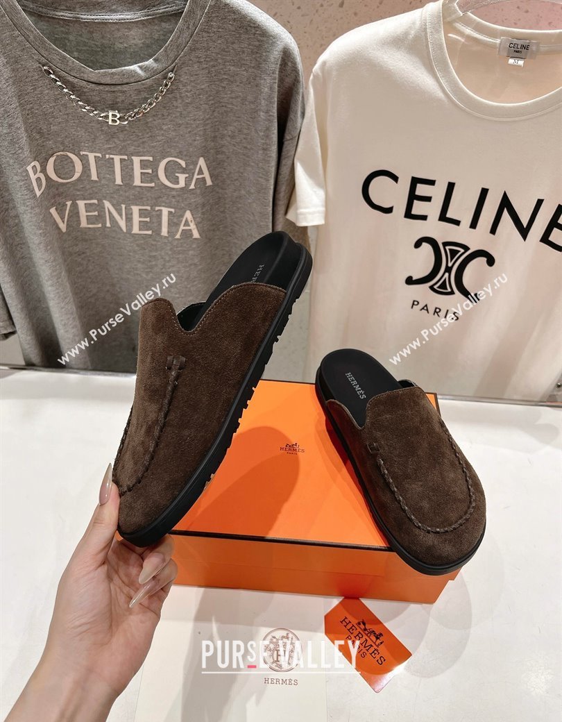 Hermes Johan Flat Mules in Suede with Braided Leather Detail Dark Brown 2024 (MD-241230130)