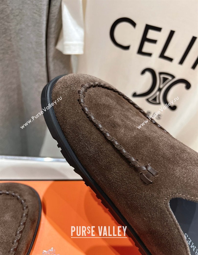 Hermes Johan Flat Mules in Suede with Braided Leather Detail Dark Brown 2024 (MD-241230130)