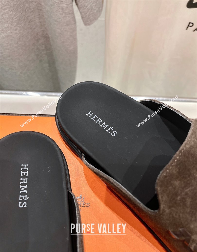 Hermes Johan Flat Mules in Suede with Braided Leather Detail Dark Brown 2024 (MD-241230130)