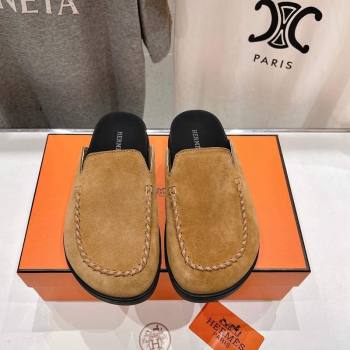 Hermes Johan Flat Mules in Suede with Braided Leather Detail Light Brown 2024 (MD-241230131)