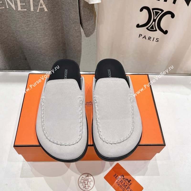 Hermes Johan Flat Mules in Suede with Braided Leather Detail White 2024 (MD-241230132)