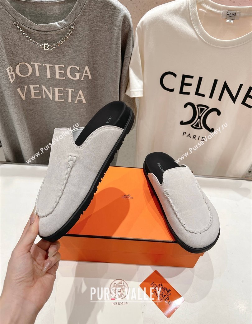 Hermes Johan Flat Mules in Suede with Braided Leather Detail White 2024 (MD-241230132)