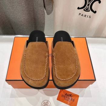 Hermes Johan Flat Mules in Suede with Braided Leather Detail Brown2 2024 (MD-241230133)